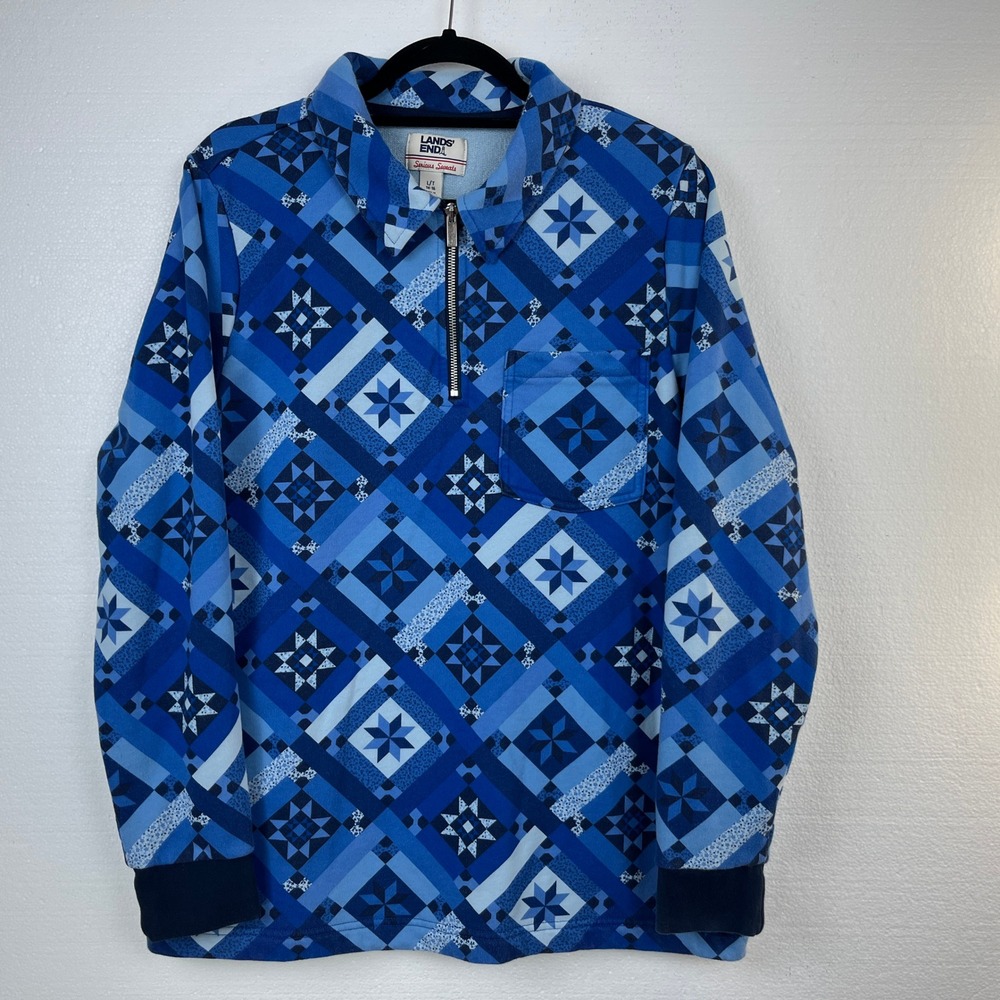 Lands' End‎ Womens L Tall 14-16 1/4 Zip Pullover Geometric Blue Print